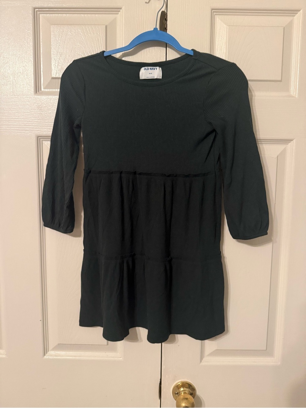 Old Navy Girls' Dark Green Ribbed Tiered Long-Sleeve Dress